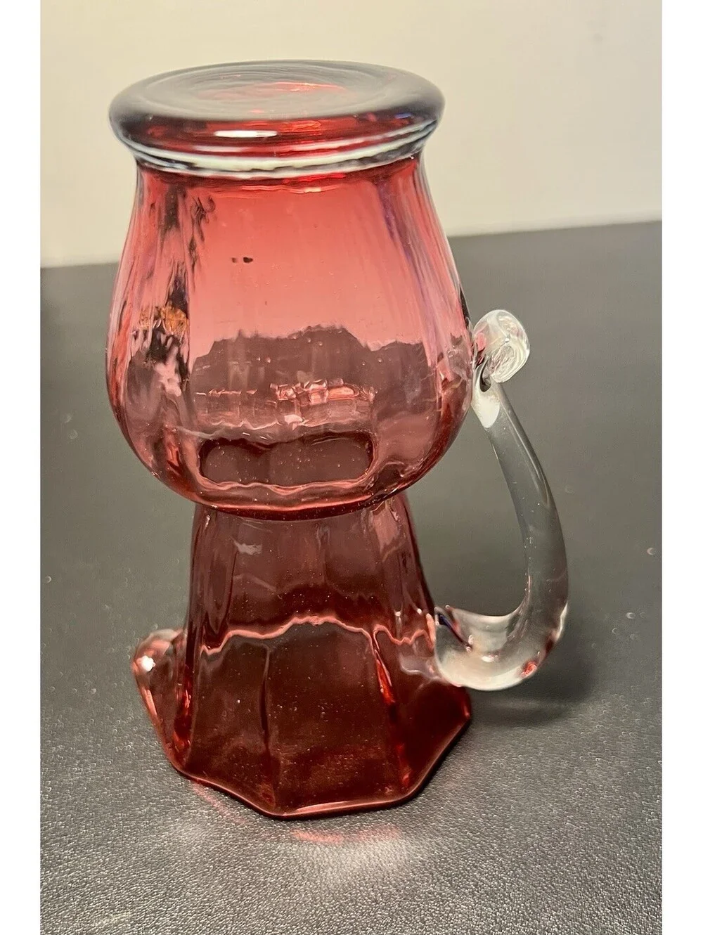 Pilgrim Glass 1970s Pitcher Hand-Blown Cranberry Glass Clear Handle, 3x5.5”